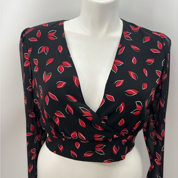 Express Black and Red Wrap Crop Blouse - Picture 1 of 3